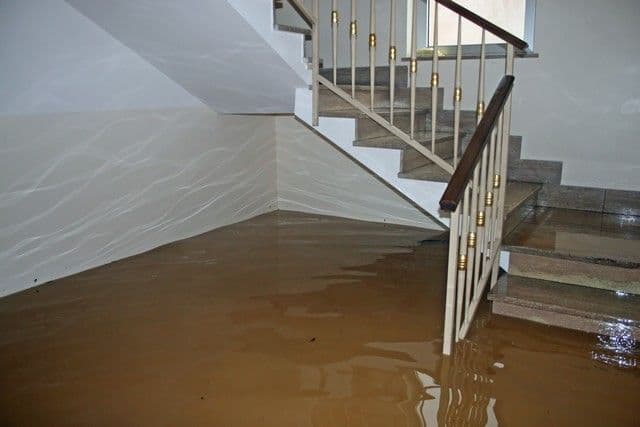 Flooded staircase and lobby with murky brown water covering the floor. The scene conveys a sense of disruption and urgency.