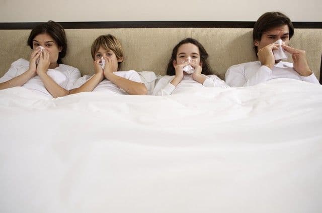 A family of four in bed, wearing white clothes, appears to have colds. All are holding tissues to their noses, conveying discomfort and togetherness.