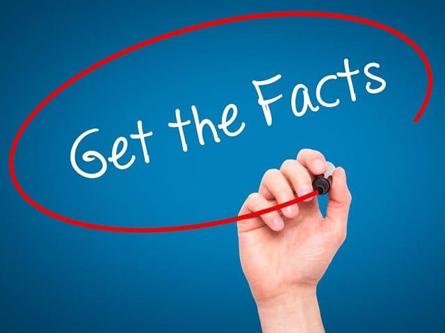 A hand writes "Get the Facts" on a bright blue background with white text encircled in red. The tone is educational and informative.