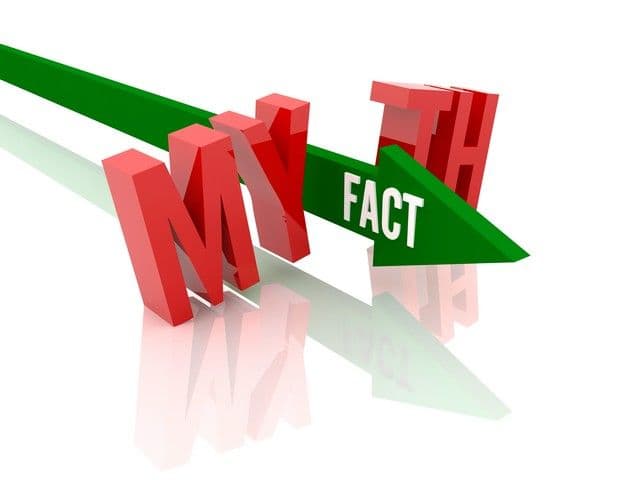 Green arrow labeled "FACT" pierces through 3D red letters spelling "MYTH," symbolizing debunking misconceptions. Bright, dynamic imagery.