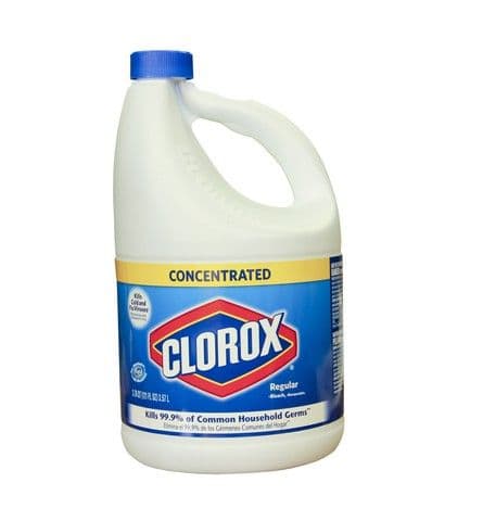 A white plastic bottle of Clorox bleach with a blue cap and label. The label reads "Concentrated" and "Kills 99.9% of common household germs."