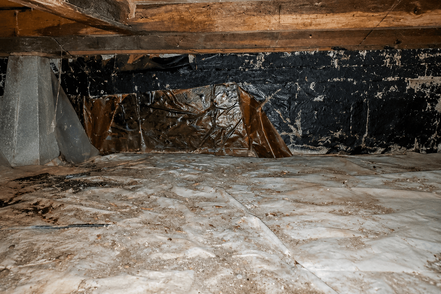 Grimy crawlspace with plastic vapor barrier