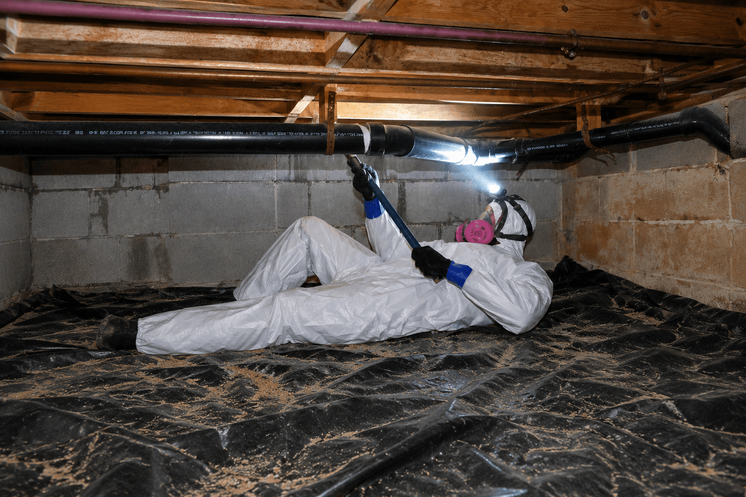 Worker inspecting pipes in crawl space