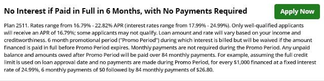 Alt text: Promotional financial offer details no interest if paid in full in six months. APR rates range from 16.79% to 22.82%. "Apply Now" button shown.