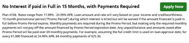 Alt text: "Promotional offer text explaining no interest if paid in full within 15 months, with required payments. Includes rates and terms. 'Apply Now' button at top right."