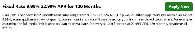 Alt text: Advertisement for a loan with a fixed rate of 9.99%-22.99% APR over 120 months. It includes loan terms, qualification criteria, and an "Apply Now" button.