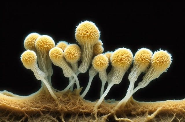 Toxigenic Molds (aka “toxic molds”) - Unique yellow fungi with spherical caps and white stems grows on a brown surface against a dark background, resembling tiny parasols.