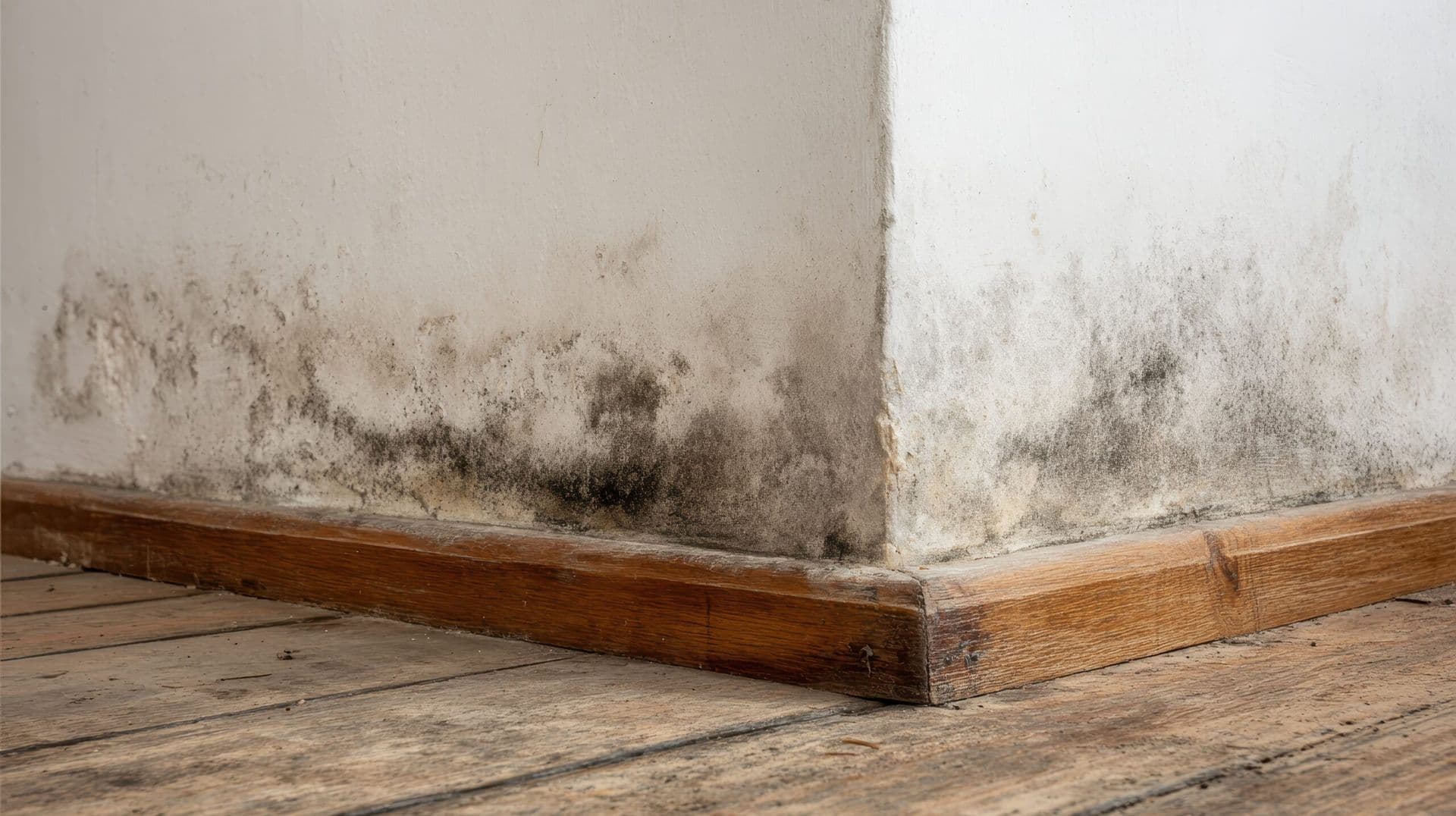Corner of a room with mold on white walls above a wooden baseboard. The weathered wooden floor adds to the neglected, damp atmosphere.