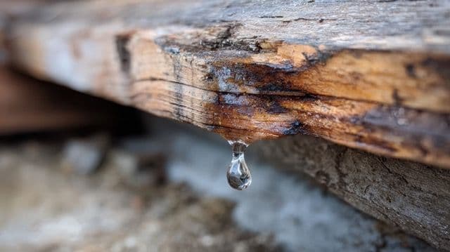 A close-up of a water droplet hanging from a weathered wooden beam, with a textured stone background. The scene conveys a calm and natural mood.