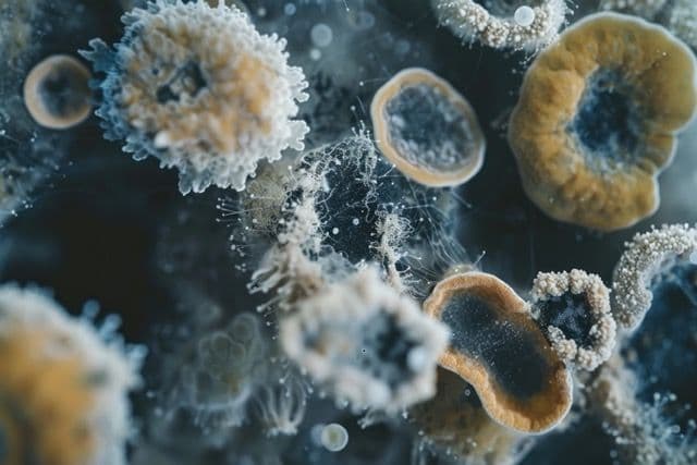 Allergenic Molds - Close-up of various bluish and beige circular mold patterns with fuzzy textures, conveying an organic and intriguing microbiological appearance.