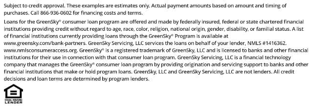 Alt text: Text about GreenSky consumer loan program terms, featuring credit approval conditions, financing options, and lender information. Includes an Equal Housing Lender logo.