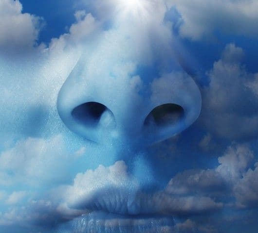 A surreal image shows a human nose and mouth blended seamlessly with a sky filled with fluffy clouds, creating a dreamlike and serene effect.