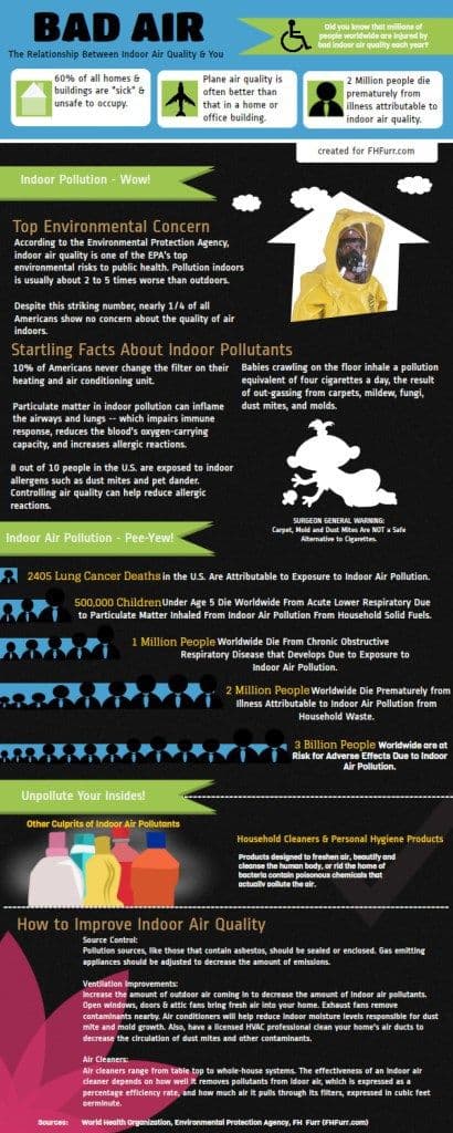 Alt text: Infographic titled "Bad Air" details indoor pollution's impact on health. It highlights startling facts, including increased illness risks from household pollutants, and suggests steps to improve air quality. Colorful graphics emphasize key statistics, such as 2405 lung cancer deaths linked to air pollution and 1 million people globally with pollution-related respiratory diseases. The tone is informative and urgent.
