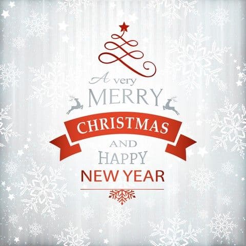 Festive graphic with "A Very Merry Christmas and Happy New Year" text, red and gray colors, surrounded by snowflakes and two reindeer.