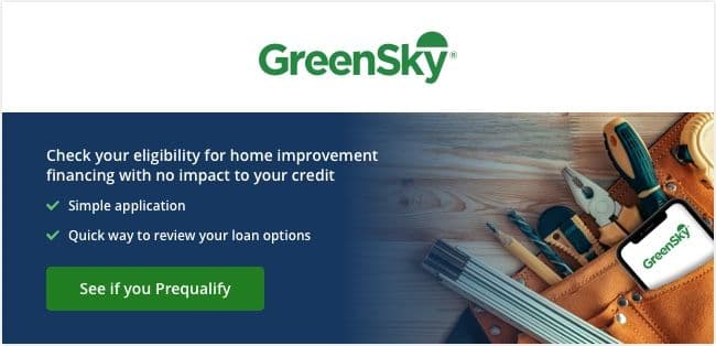 Alt text: "GreenSky ad for home improvement financing. Offers simple applications and loan options review. Includes a toolbelt and 'See if you Prequalify' button."