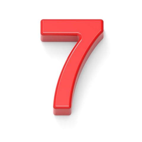 Red number seven in a bold, glossy style, centered on a white background. The image conveys simplicity and modern design.